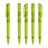 A collection of five transparent green plastic pens with different click mechanisms and caps.