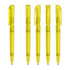 A collection of five transparent yellow plastic pens, each with a click mechanism and a clip for attachment.