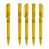 A set of transparent yellow plastic pens with click mechanisms, featuring a clip and a sleek design.