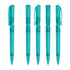 A set of five transparent teal plastic pens with click mechanisms and caps. Each pen has a smooth design and a logo.
