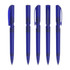 A set of blue plastic pens with transparent barrels and various writing tips displayed side by side.