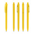 A set of five bright yellow plastic pens with clips, featuring a glossy finish and subtle branding.