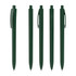 A set of green plastic pens arranged in a row, featuring a logo on one pen.