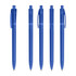 A set of five blue transparent plastic pens, featuring a clip and a visible ink reservoir.