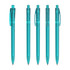 Five transparent turquoise plastic pens displayed in a row, featuring a clip on each pen.