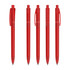 Five transparent red plastic pens are arranged in a row, each featuring a clip and a logo.