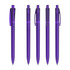 Five transparent purple plastic pens lined up, featuring different designs and a clip on each pen for carrying.