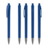 A group of blue plastic pens with silver tips and a clip. The pens have a glossy finish and feature branding.