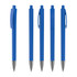 A collection of blue plastic pens with silver tips, featuring various angles and a logo on one pen.