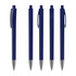 A collection of navy blue plastic pens with shiny silver accents, featuring a clip and push-button design.