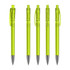 Five transparent green plastic pens with grey tips and clips, arranged side by side. Each pen features a clip for attachment.