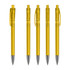 A set of transparent yellow plastic pens with grey tips, featuring a clip and retractable design.