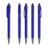 A set of transparent blue plastic pens with silver tips, featuring click mechanisms and distinctive branding.
