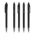 Five black plastic pens with transparent grips and silver tips, featuring a clip and branding.