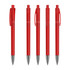 A set of five transparent red plastic pens with silver tips and clips, featuring a simple design and a logo.