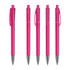 Five pink transparent plastic pens with silver tips, featuring a clip and click mechanism, arranged in a row.