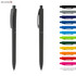 A set of plastic pens in various colours, with a sleek design and a logo on each pen.