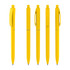 Five yellow plastic pens arranged in a line, featuring a logo and a streamlined design.