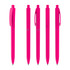 Five bright pink plastic pens arranged in a row, featuring a clip and a sleek design. Each pen has a branding logo.