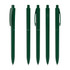 Five green plastic pens arranged in a row, each featuring a clip and a logo.