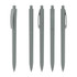 A set of five grey plastic pens displayed in a row, featuring a clip on each pen. Each pen has a sleek design and a logo.
