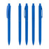 A collection of blue plastic pens arranged in a row, featuring a logo on some of the pens.