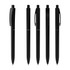 Five black plastic pens lined up, each featuring a different design, with one pen displaying a logo.