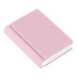 A pink book-shaped rubber eraser with a smooth finish and a rounded spine, featuring a logo on the front.