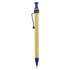 A recycled cardboard pen featuring a blue clip and accents, with a simple design. It has a logo on the barrel.