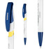A plastic pen featuring a white body, blue cap, and yellow accents, with a logo on the side.