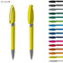 A yellow plastic pen with a silver clip, displayed alongside various colour options. The pen has a logo visible.