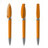An orange plastic pen with a silver tip, featuring a click mechanism and a clip for attachment.