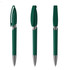 A green plastic pen with a silver tip and a retractable design, featuring a clip and a smooth grip.