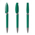 A green plastic pen with a retractable top and a silver tip, featuring a branding logo.
