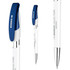 A plastic pen with a blue cap and white barrel, featuring a logo on the side.