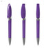 A purple plastic pen with a transparent barrel and a silver accent on the tip. The pen has a cap.
