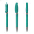 A set of transparent teal plastic pens with silver detailing and signature branding.