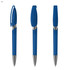 A set of three transparent blue plastic pens with silver tips and clips, featuring a clear cap design.