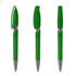 A green transparent plastic pen with a silver tip and clip, featuring a logo. Three angles displayed.