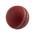 A red stress cricket ball with white stitching, designed for fun and relaxation. Features a logo.