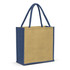 A jute tote bag in natural and navy blue, featuring sturdy handles and a plain surface with a logo.