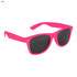 A pair of vibrant pink sunglasses with dark lenses, featuring a logo on the side.