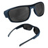 A pair of navy blue sunglasses with dark lenses, featuring a sleek modern design and a logo on the side.