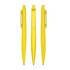 Three yellow plastic pens are displayed from different angles, featuring a simple design and a clip on each pen.