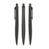 Three black plastic pens displayed from different angles, featuring a clip and a smooth body design.
