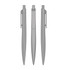 A grey plastic pen displayed from three angles, featuring a clip and a sleek design. The pen has a branding logo.