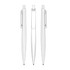 Three white plastic pens displayed from different angles, featuring a simple design and a clip for attachment.