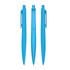 Three bright blue plastic pens are displayed from different angles, featuring a sleek design and clips.