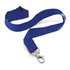 A blue lanyard with a sturdy clip at one end, suitable for holding ID cards or keys.
