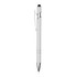 A white stylus pen with a silver clip and tip, featuring a logo on the body.